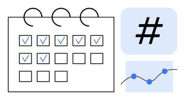 Kontrol işaretli takvim düzeni, trend meta veri etiketi ve analitik çizelgesi. Üretkenlik, planlama, strateji, pazarlama, proje yönetimi, veri analizleri için ideal basit iniş sayfası