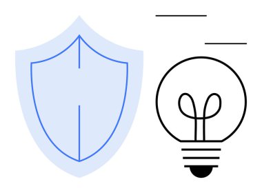 Güvenlik kavramının ana hatları, yaratıcılığı, fikirleri ya da bilgiyi sembolize eden bir ampulün yanında. Güvenlik, yenilik, teknoloji, yaratıcılık, güvenlik bilgisi eğitimi için ideal. Düz basit