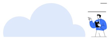 Büyük bulut, elinde tablet tutan ve işaret eden bir adam. Teknoloji için ideal, bulut hesaplama, yenilik, depolama, veri yönetimi, dijital çözümler, yaratıcı düşünce. Düz basit metafor