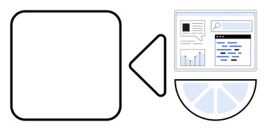 Geometrik şekillerle birleştirilmiş bir web tarayıcı penceresi, arama çubuğu, grafik ve sohbet simgeleri içeren soyut arayüz. Veri görselleştirme, iletişim, teknoloji, analitik ve modern için ideal