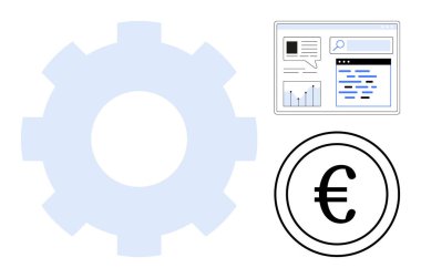 Bir Euro işareti ve analitik, işlemler ve teknik görseller için veri panelinin yanında süreçleri temsil eden vites. İş için ideal, finans, otomasyon, işlemler, teknoloji, strateji basit iniş sayfası