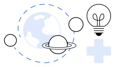 Dünya gezegenler, Satürn ve yörünge çizgileriyle çevrili. Parlayan bir ampul ve tıbbi haçın yanında. Sağlık, yenilik, bilim, astronomi, sürdürülebilirlik, küresel bakım eğitimi için idealdir. Düz