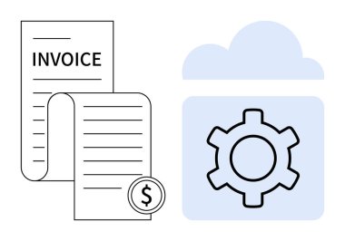 Bulutun içindeki bir dişlinin yanında dolar sikkesi olan fatura. Faturalama, otomasyon, bulut teknolojisi, finans, ödeme çözümleri, dijital araçlar, basit iniş sayfası için ideal