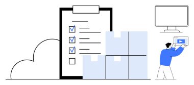 İşaretli ögeler, istiflenmiş kutular, bulut sembolü, bilgisayar monitörü, tablet tutan kişi. Lojistik, envanter yönetimi, verimlilik, e-ticaret bulut sistemleri için ideal