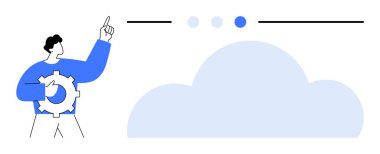 Teçhizat tutan kişi, ilerleme noktalarına ve büyük bulut simgesine işaret ediyor. Teknoloji, yenilik, otomasyon, süreç, sunucu, bulut çözümleri, basit iniş sayfası için ideal
