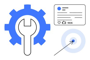 İngiliz anahtarını sembolize eden ayarlar, sosyal medya etkileşim kartı ve hedefleri gösteren hedefler. Dijital pazarlama, sosyal strateji, çevrimiçi büyüme, kullanıcı katılımı, analitik, İnternet için ideal