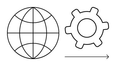 Küre ve teçhizat, ilerlemeyi, yeniliği, küresel işbirliğini ve sistem optimizasyonunu simgeleyen okla özetlenir. Teknoloji, verimlilik, endüstri, bağlantı ve uluslararası ilişkiler için ideal