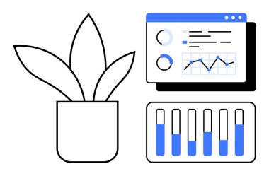 Gelişmeyi, analitiği ve ahengi temsil eden bir saksı bitkisinin yanında grafikler, çizelgeler ve detaylarla dolu dijital gösterge paneli. İş için ideal, üretkenlik, doğa entegrasyonu sürdürülebilirlik modern