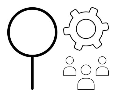 Büyüteç, vites kutusu ve kullanıcı simgeleri takım çalışmasını, analizi, yeniliği ve optimizasyonu vurgular. İş stratejisi, HR, teknoloji işbirliği araştırma yönetimi dairesi için ideal