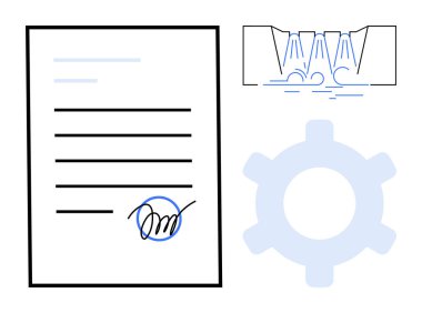 İmzalı belge, sıvı hareketinin teknik çizimi ve mühendisliği, yasal anlaşmaları ve ortaklıkları vurgulayan dişli sembolü. Takım çalışması, endüstri, yenilik ve iş akışı için ideal