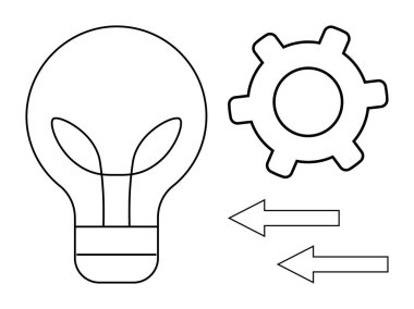 Büyük ampul, dişli ve zıt oklar. Yenilik, süreç, verimlilik, planlama, yön bulucu takım çalışması için idealdir. Düz basit metafor