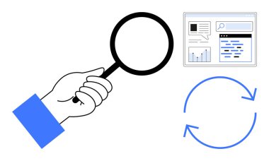El ele tutuşan büyüteç, web arama sonuçları grafikler, güncellemeler ve dairesel oklar. Araştırma, analitik, optimizasyon, SEO, süreç iyileştirme için ideal, teknoloji basit