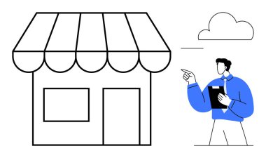 Çizgili tenteli bir dükkanın taslağı, elinde klasörü olan bir adam ve bir bulut simgesi. Girişimcilik, perakende, planlama, iş geliştirme, pazarlama stratejisi veya girişim için idealdir. Düz