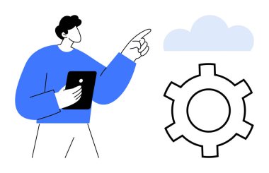 Bulut ve teçhizatı işaret eden tableti tutan kişi bulut hesaplamasını, teknoloji entegrasyonunu temsil ediyor. Otomasyon, yenilik, yazılım, iş akışı, takım çalışması, strateji sade iniş sayfası için ideal