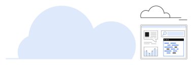 Arama çubuğu, metin, grafik ve simgeler içeren büyük bulut şekli. Dijital depolama, analitik, çevrimiçi işbirliği, teknoloji hizmetleri, veri güvenliği yeniliği için ideal basit