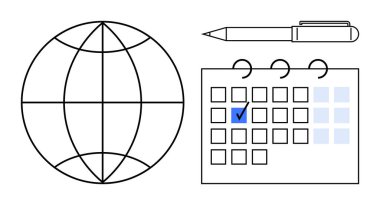 Üzerinde mavi işaret ve kalem olan bir takvimin yanında dünya, organizasyon, planlama, küresel girişimler, zamanlama, görev yönetimi, verimlilik ve zaman izleme. Genel için ideal