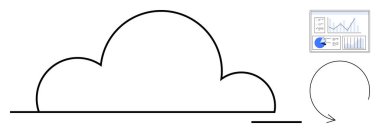 Çizelgeleri ve grafikleri gösteren bir gösterge tablosu ve süreç akışını sembolize eden dairesel bir ok. Veri yönetimi için ideal, analitik, teknoloji, bulut hesaplama, depolama, süreç, basit