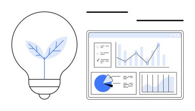 İçinde büyüyen bir bitki bulunan ampul, içinde grafikler ve turta grafikleri olan bir veri analizi paneliyle eşleştirildi. Enerji yönetimi, sürdürülebilirlik, eko-yenilik, analitik ve teknoloji için ideal