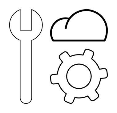 Anahtar, vites ve bulut araçlarını temsil eden bulut, sistem güncellemeleri, servis optimizasyonu. Teknoloji, bilişim desteği, bulut hizmetleri, yazılım mühendisliği verimliliği ve düz metafor için ideal