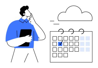 Tablet tutan bir adam, üzerinde tarih ve bulut olan bir takvimin yanında kafa yoruyor. Planlama, zaman yönetimi, programlama, karar verme, bulut depolama, son teslim tarihleri verimlilik için ideal. Düz basit