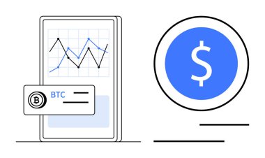 Bitcoin ticaret grafiği ve ikonu olan akıllı telefon ekranı, bitişik dolar parası. Fintech, kripto para, finans, ticaret, yatırımlar, dijital cüzdanlar için ideal. Düz basit metafor