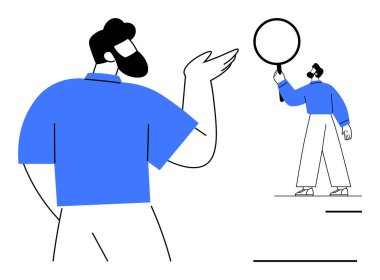 Sakallı adam el kol hareketi yapıyor, elinde büyüteç tutan daha küçük bir figür. Takım çalışması, araştırma, keşif, liderlik, odaklanma, işbirliği, basit iniş sayfası için ideal