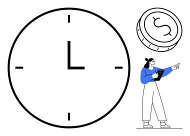 Zamanı temsil eden büyük bir saat, parayı sembolize eden para, tableti tutan ve kendine güvenen bir kadın. Zaman yönetimi, üretkenlik, mali planlama, karar verme, programlama için ideal
