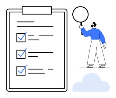 Mavi işaretli büyük bir kontrol listesi ve elinde büyüteç olan bir adam. Görev yönetimi, kalite kontrolü, analitik, organizasyon, gözden geçirme, üretkenlik, basit iniş sayfası için ideal