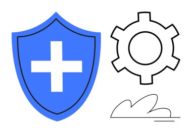Haçlı mavi kalkan korumayı simgeler, dişli sembolü ayarları ya da teknolojiyi yansıtır, bulut motifi bağlantıyı ekler. Güvenlik, sağlık, hizmet, veri, bulut teknolojisi ve uygulamalar için ideal