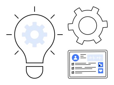 Dişli sembollü ampul, ayar simgesi ve dijital profil arayüzü. Teknoloji, yenilik, süreç iyileştirme, mekanik, yaratıcılık, mühendislik sağlık hizmetleri için ideal basit iniş sayfası