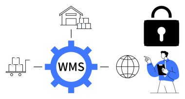 Depoya bağlı merkezi WMS teçhizatı, el arabasında envanter, kilit sembolü, dünya, panoya yazı yazan kişi. Lojistik, envanter yönetimi, veri güvenliği, tedarik zinciri küresel ticaret için ideal