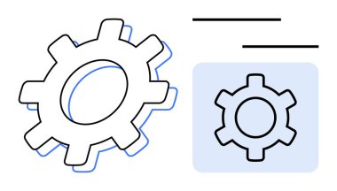 Temalar için minimalist metin satırlarının yanı sıra kalın ana hatlara sahip dişli simgesi teknolojiyi, ayarları, araçları, yeniliği, otomasyonu, sistem tasarımı, basit iniş sayfasını parmakla