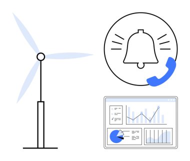 Uyarı simgesinin yanında rüzgar türbini ve grafikleri, grafikleri ve veri içgörüleriyle birlikte analitik paneli. Sürdürülebilirlik, enerji yönetimi, IOT, teknoloji, veri analizi, yeşil