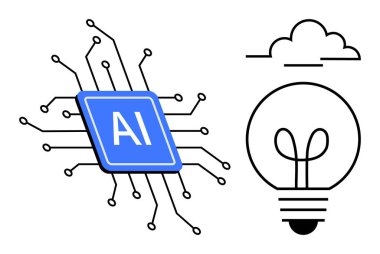 Ampul ve bulut devrelerine bağlı yapay zeka çipi, yenilik, yaratıcılık ve teknolojiyi vurguluyor. Yapay zeka, makine öğrenimi, bulut hesaplaması, beyin fırtınası, yenilik teknolojisi için ideal