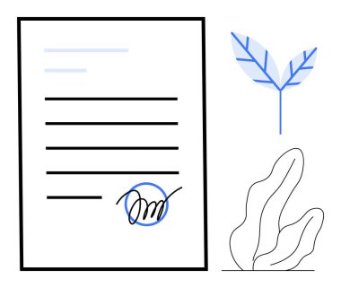 İmza ve satır detaylarıyla birlikte soyut botanik elementlerle eşleştirilmiş belge. Sözleşmeler, anlaşmalar, çevre bilinci temaları, hukuki işler, dijital imza kampanyaları, sürdürülebilirlik kampanyaları için ideal
