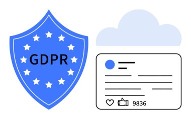 GDPR mesajı, yıldızlar, bulut ve tepki simgeleri olan bir sosyal medya kartı. Veri koruması, gizlilik yasaları, dijital güvenlik, İnternet güvenliği, siber düzenlemeler, çevrimiçi uyum için ideal