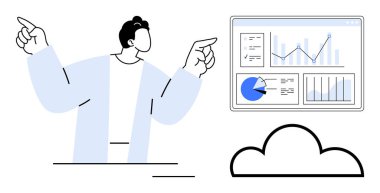 Analitik gösterge paneline doğru hareket eden kişi çizgi grafikleri, pasta grafikleri ve çubuk grafikleri, bulut simgesinin yanında. Analiz, teknoloji, bulut hesaplama, veri yönetimi, sunumlar için ideal