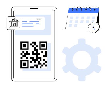 Banka detaylarıyla QR kodunu gösteren akıllı telefon, zaman yönetimi için saatli takvim ve işlem otomasyonu için teçhizat. Finans, zaman izleme, teknoloji, zamanlama, bankacılık, ödeme için ideal