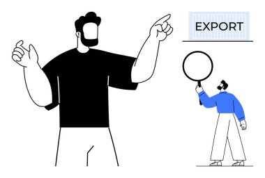 İhracat işaretine doğru hareket eden büyük bir figür, büyüteçle analiz eden küçük bir insan. İş, ticaret, araştırma, takım çalışması, strateji, rehberlik ve basit iniş sayfası için ideal