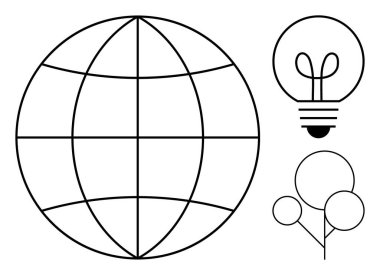 Küre şebekesi, ampul ve ağaç ana hatları küresel bağlantıyı, yeniliği, yenilenebilir enerjiyi ve ekolojik büyümeyi sembolize eder. Sürdürülebilirlik, enerji, teknoloji ortamı için ideal küresel ulaşım