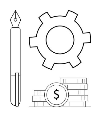 Yaratıcılığı, süreci ve finansmanı vurgulayan kalem, dişli ve birikmiş madeni paralar. Ticari büyüme, yenilik, yönetim, üretkenlik, başarı girişimciliği için ideal basit bir iniş sayfası