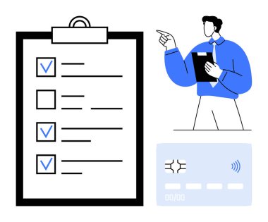 İş adamı bir belge tutarken panodaki kontrol listesine işaret ediyor. Yanında bir ödeme kartı var. Finans, organizasyon, planlama, iş, ödeme, üretkenlik, görev izleme için ideal