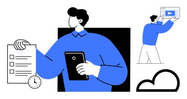 Elinde saatli tablet ve görev listesi olan bir kişi, video içeriğini yöneten başka bir figür, bulut grafiği. Üretkenlik, zaman yönetimi, dijital araçlar, bulut depolama, teknoloji kullanımı, görev için ideal