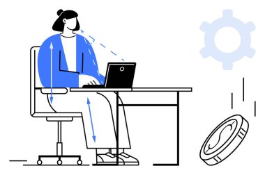 Masadaki bir ofis sandalyesinde oturan, dizüstü bilgisayar kullanan, odaklanma ve yön belirten okları olan bir kişi. Düşen madeni para ve dişli elementler üretkenliği, finansal odaklanmayı ve stratejiyi akla getiriyor. İdeal