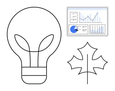 Yaprak tasarımlı ampul, bir veri gösterge tablosu ve bir akçaağaç yaprağı taslağıyla eşleştirilmiş yeşil yeniliği sembolize eder. Sürdürülebilirlik, teknoloji, doğa, enerji, veri analizi, eko-ticaret için ideal