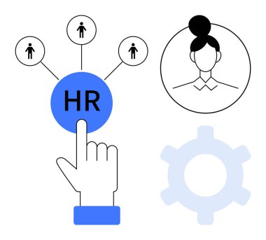 Elle seçilen ağ düğümlerine sahip İK merkezi, kadın profili, takım oluşturmayı vurgulayan dişli simgesi, personel yönetimi. İşe alım, çalışan yönetimi, liderlik, süreç optimizasyonu için ideal