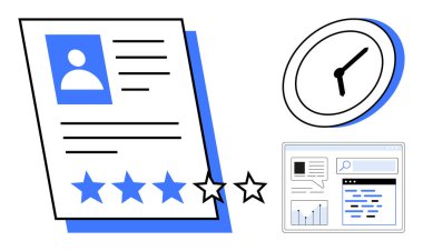 Profil görüntüsü, yıldız reytingleri, analog saat, analitik gösterge paneli ile devam et. İşe alım süreci, zaman yönetimi, performans değerlendirmesi, iş memnuniyeti, çalışan geribildirimi, HR stratejisi için ideal