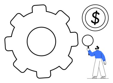 İş süreçleri için büyük teçhizat, finans için dolar işareti, tabela tutan kişi. Takım çalışması, strateji, finans, iletişim, üretkenlik, işbirliği için ideal basit bir iniş sayfası