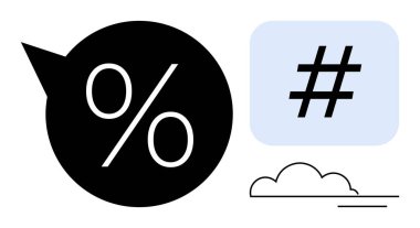 Konuşma baloncuğunun içindeki yüzde sembolü, mavi kutuda meta veri etiketi simgesi ve minimalist bulut tasarımı. Pazarlama, sosyal medya, iletişim, dijital içerik, markalaşma için ideal, modern indirimler