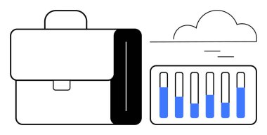 İş çantası ve veri tablosu profesyonel iş araçları, bulut depolama ve üretkenlik analizlerini gösteriyor. İş, teknoloji, analitik, organizasyon, finans, iş yeri için ideal